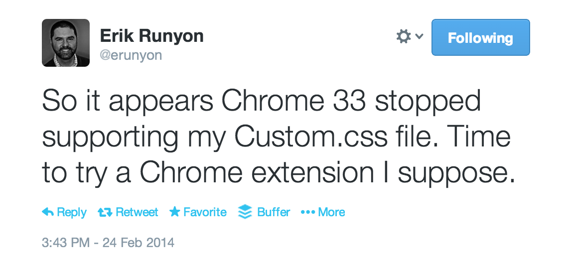 Chrome removed support for custom.css as well